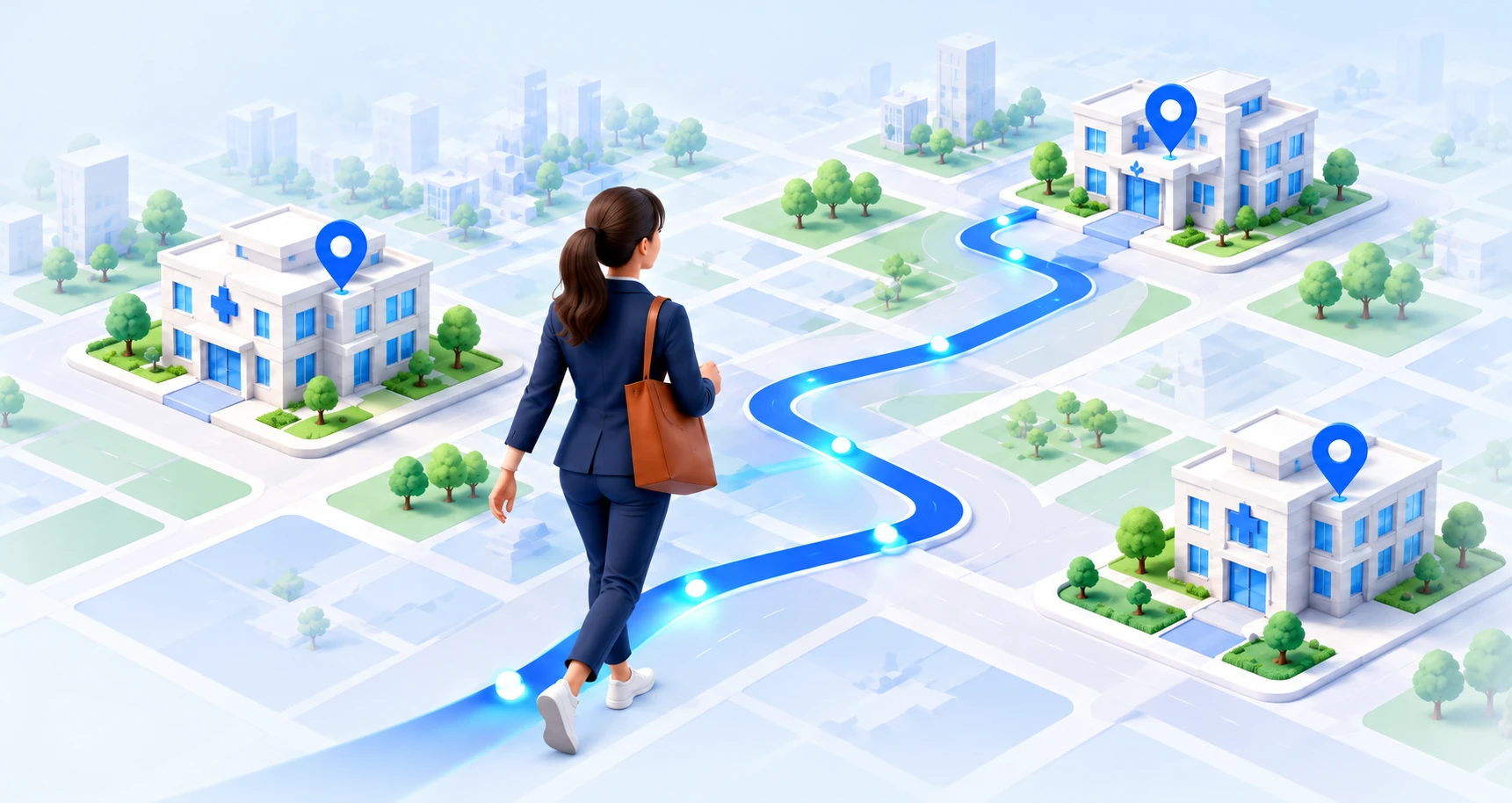 A woman liaison setting out along a winding path connecting three medical practices
